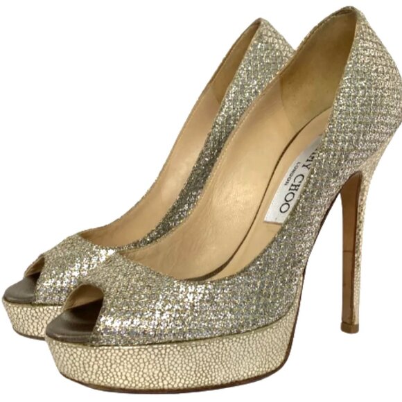 Jimmy Choo Gold/Silver Glitter Luna Peep Toe Platform Pumps Size 36 - Picture 1 of 4